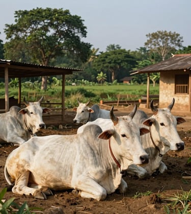 A pristine and clean traditional Goshala sanctuary in a South Asian / Indian rural landscape. Healthy, well-cared-for cows are resting in a structure built with sustainable materials. The scene is bathed in warm afternoon sun, reflecting regenerative abundance and the sacred practice of Gau Mata Seva. Palette includes earthy off-white and deep green.
