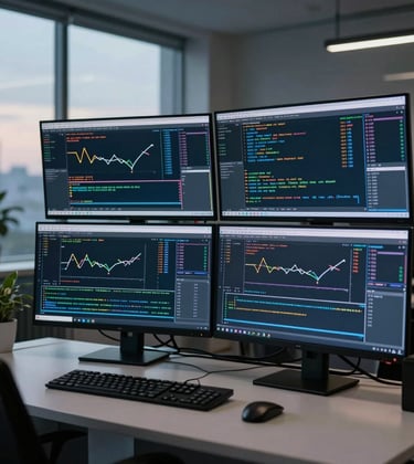 Clean, minimalist shot of multiple monitors displaying clean algorithmic trading models, cool evening lighting, professional atmosphere in a high-end office.