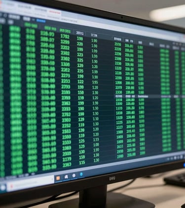 Close-up of high-speed institutional trading data streaming on an obsidian glass monitor with emerald green highlights, sleek and professional Western financial market style.