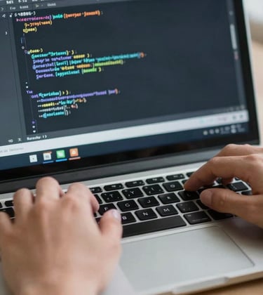 A close-up shot of hands working on a laptop keyboard showing a command line interface with professional coding and system configurations, clean lighting.