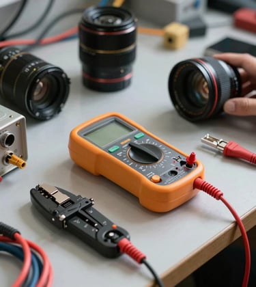 A professional shot of various network tools, a multimeter, and crimped cables on a workshop table, signifying technical network installation expertise.