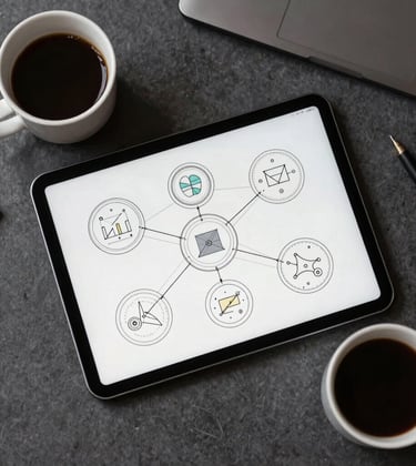 Clean, top-down view of a professional French workspace including a tablet showing a technical network diagram and a cup of coffee, symbolizing analytical work and design.