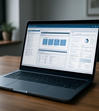 Photography of a modern server interface on a laptop screen in a French corporate office, focusing on virtualization and system management windows, soft natural lighting.