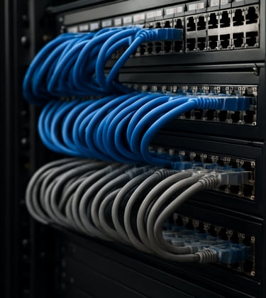 A professional close-up of a server rack with blue and grey ethernet cables neatly organized, French data center environment, sharp focus on technical details.