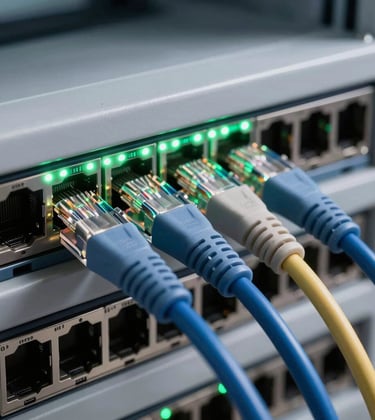 Professional close-up of high-quality ethernet cables plugged into a Cisco switch with blinking green lights in a clean French network lab environment, technical and structured composition.