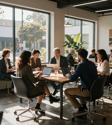 An interior shot of a sophisticated co-working space in West Hollywood, featuring professionals of various backgrounds engaged in a meeting, with sunlight streaming through large windows. North American / West Hollywood.