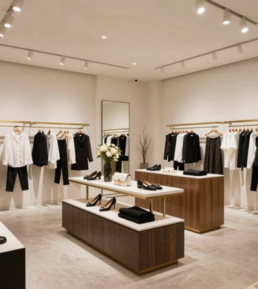 An interior shot of a sophisticated, modern retail boutique in West Hollywood, featuring clean lines, high-end fashion displays, and professional North American lighting.