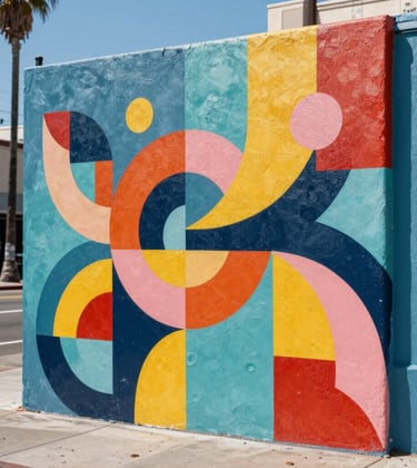 A vibrant close-up of a contemporary street art installation in a West Hollywood creative district, highlighting bold colors and innovative design in a bright, sunny setting. North American / West Hollywood.