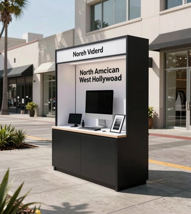 A high-quality daytime shot of a stylish marketing display on a West Hollywood sidewalk, surrounded by clean urban landscaping and modern retail buildings. North American / West Hollywood.