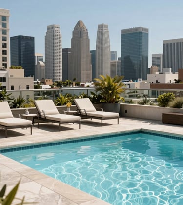 A high-end rooftop pool deck at a West Hollywood luxury hotel, overlooking the city skyline with stylish lounge chairs and light blue water under clear daylight.