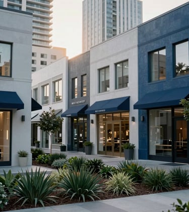 A crisp morning shot of the West Hollywood Design District, featuring clean architectural lines, lush landscaping, and high-end storefronts in light gray and dark blue.