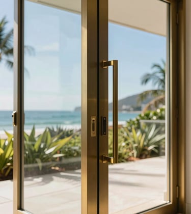 Close-up of a massive modern glass pivot door with gold-toned metal accents in a high-end Brazilian coastal residence, bright natural daylight illuminating the textures of the frame and surrounding greenery.