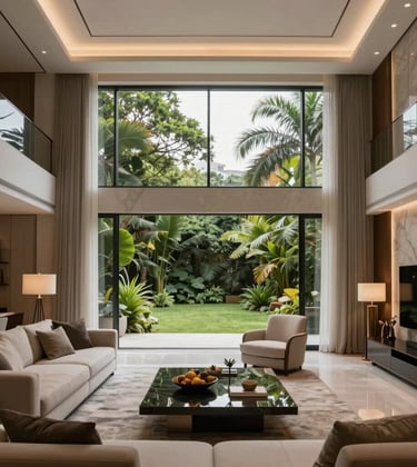 Internal view of a double-height luxury living room in Sao Paulo, featuring expansive slim-profile window frames that capture the lush outdoor garden, soft cinematic lighting, elegant modern interior design.