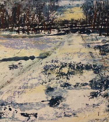 Winter Woodland Walk. 20 x 20 cm. Acrylic, soft pastel and ink on wooden panel. 