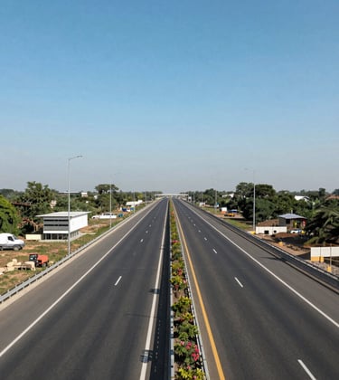 A wide-angle shot of a new multi-lane expressway in India, the Amritsar-Jammu-Katra corridor, with modern infrastructure and clear blue skies, symbolizing rapid growth.