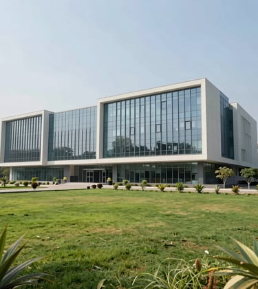 A modern international school building in India with contemporary glass architecture, surrounded by green lawns and South Asian landscaping, captured in bright daylight.