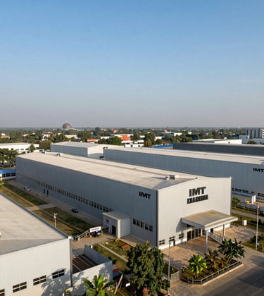 An expansive view of the IMT Kharkhoda industrial area in Haryana, featuring modern factory facades like the Maruti Plant under a clear sunny sky.