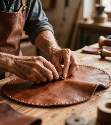 Detailed photography of an artisan in a sun-drenched Iberian workshop working on high-quality leather goods, warm gold lighting, sophisticated atmosphere, focus on texture and heritage.
