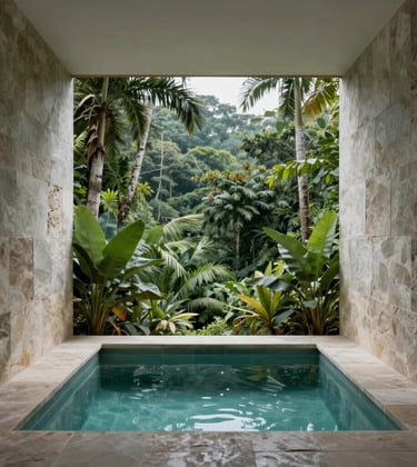 Photography of a minimalist luxury spa interior with stone walls and a small plunge pool overlooking a lush private jungle, Latin American region, muted teal and mist lighting.