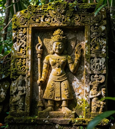 A close-up photograph of ancient, intricate stone carvings hidden within a lush Latin American jungle. Dappled sunlight filters through the canopy, highlighting the mossy textures and gold-hued stone. The composition is artistic and mysterious, emphasizing the theme of finding hidden historical gems.