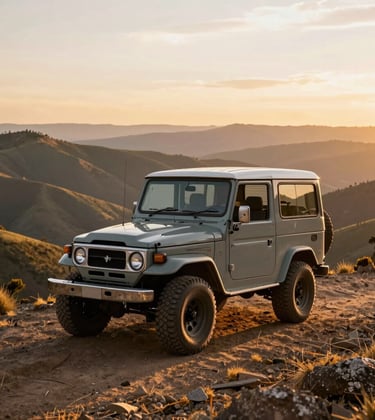 An evocative shot of a vintage off-road vehicle parked on a high mountain ridge during the golden hour. The background shows an endless horizon of rolling hills in a Latin American territory. The scene conveys luxury adventure, freedom, and the discovery of hidden paths.