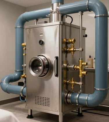 Professional photography of a luxury commercial spa facility in North America. The focus is on a sleek, high-capacity stainless steel steam generator unit integrated into a clean, modern mechanical room with muted blue pipes and professional brass fittings.