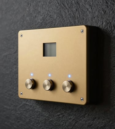 Close-up detail of a modern, minimalist steam control panel mounted on a dark textured slate wall. The panel features an elegant gold-toned interface with soft blue LED indicators, capturing the essence of sophisticated professionalism and modern elegance.