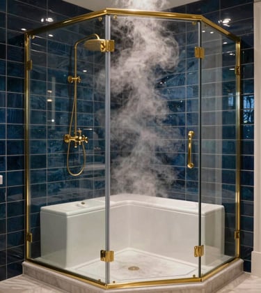 Lifestyle photography of a high-end personal home spa environment. A steam-filled glass shower stall with integrated seating is shown against a backdrop of sophisticated dark blue tiles and elegant brass fixtures in a modern North American home.