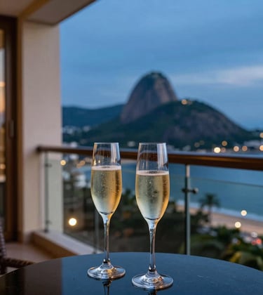 A luxury hotel balcony overlooking a famous Brazilian landmark. Two glasses of champagne are on a table. The lighting is early evening, sophisticated and aspirational, using deep blues and warm accents.