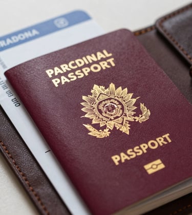 A close-up photograph of a Brazilian passport resting on a leather wallet next to a set of boarding passes. Soft, natural light highlights the gold embossing of the passport. The style is clean and modern, representing the ease of international travel.