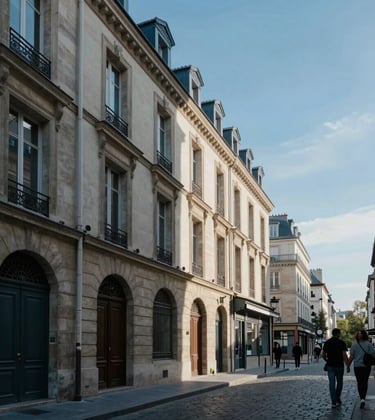 Modern photography of a charming European street in Paris with sunlight reflecting on the stone architecture, shot from a low angle. Soft Gray-White and Deep Blue tones. South American / Brazilian tourist perspective.