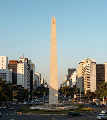 The bright and modern city skyline of Buenos Aires during the golden hour, featuring the Obelisk and wide avenues, clean composition with Light Sky Blue accents. South American / Brazilian setting.