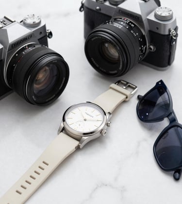 A high-fashion photography shot of a traveler's accessories: a luxury watch, a pair of sunglasses, and a camera on a white marble surface. Sharp focus, clean composition, using the brand's off-white and dark blue tones.