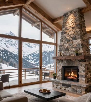 An elegant mountain lodge in the Swiss Alps, featuring floor-to-ceiling windows that frame snow-capped peaks. The interior is lit with warm, soft white light from a modern stone fireplace. The composition is clean and luxurious, embodying a peaceful North American / International retreat.