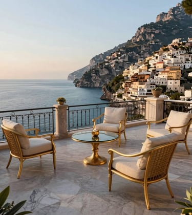 A luxury hotel terrace overlooking the Amalfi Coast at sunrise. The scene includes elegant muted gold outdoor furniture and pale gray stone tiles. The Mediterranean sea is visible in the background with clear blue water. The vibe is sophisticated and aspirational, tailored for a North American / International traveler.