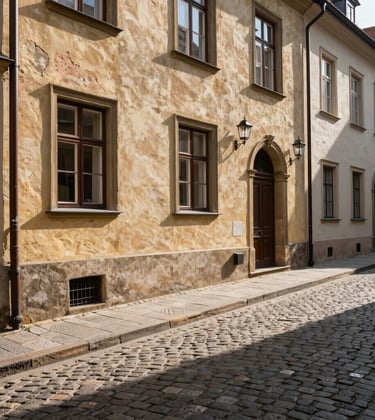 A close-up photograph of a private cultural tour through an ancient European cobblestone street, showing architectural details and warm, natural sunlight. North American / International traveler vibe.