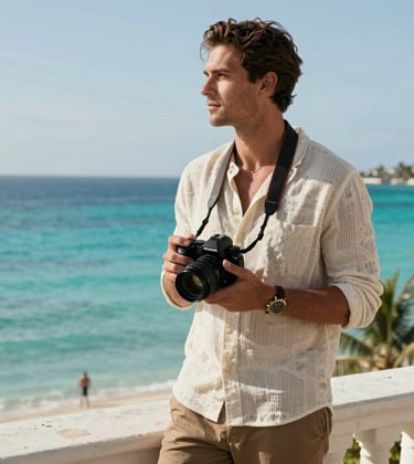 A sophisticated traveler standing on a terrace overlooking a turquoise bay, holding a camera and dressed in elegant resort wear. North American / International style.