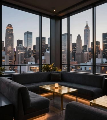 A high-end urban rooftop lounge in a major global city like New York or London. The interior features deep charcoal seating and muted gold accents. Floor-to-ceiling glass walls reveal a stunning metropolitan skyline at twilight. The style is premium and globally aware, suitable for a North American / International audience.