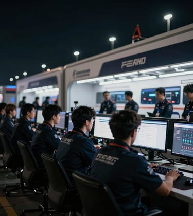 The pit wall of a racing team during a night race. Focused engineers observing monitors, silhouettes against blurred lights. Authoritative, high-performance atmosphere using #0a0f0a and #FFFFFF.