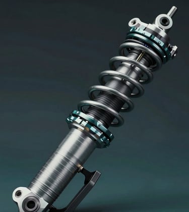 Close-up of high-performance motorsport suspension components and dampers. Precision engineering detail, sharp focus, technical lighting, dark professional background incorporating #0a0f0a and #134421.