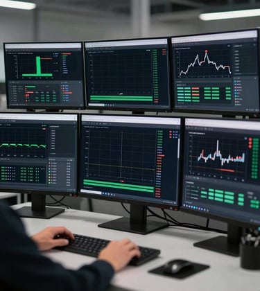 Professional motorsport data analysis workstation. Multiple high-resolution monitors displaying complex telemetry graphs and CAN bus signals. Deep blacks (#0a0f0a) with sharp white and dark green (#134421) UI elements.