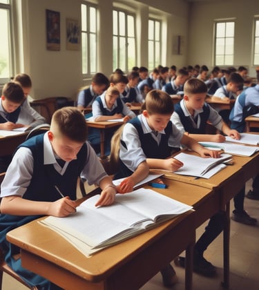 High school students discussing ideas in a bright, well-equipped study area.