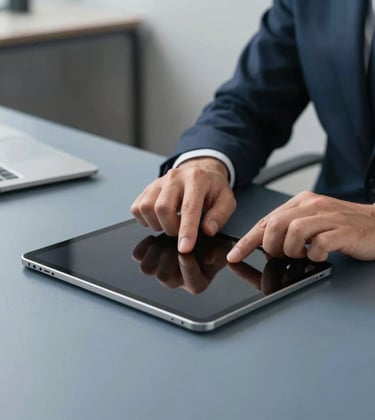 A detailed photograph of a professional in a modern North American workplace focusing on a sleek tablet device. The lighting is clean and focused, highlighting a minimalist desk with slate blue accents. The style is sharp, authoritative, and clean.
