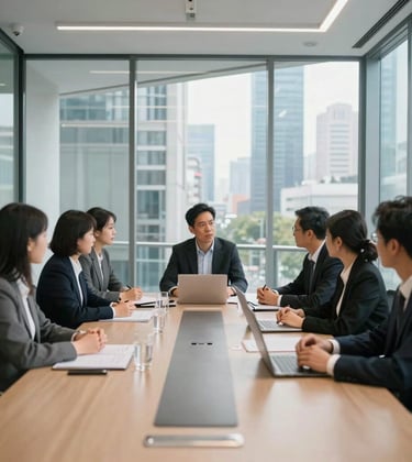 A collaborative team meeting in a sleek, glass-walled conference room in a modern city, morning light, clean lines, professional and innovative atmosphere.