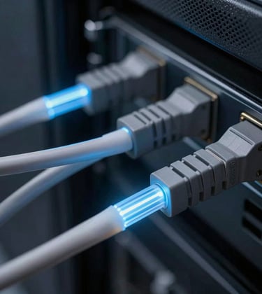 A close-up of optical fiber cables glowing with soft blue light in a dark server room, representing high-speed connectivity and innovation, slate gray accents.