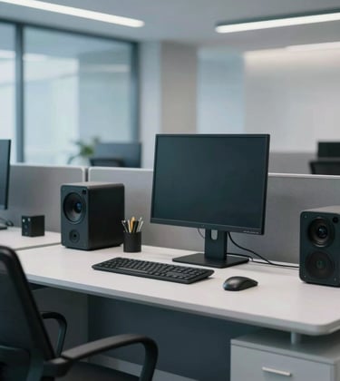 An eye-level shot of a modern, high-tech workspace. The image features a minimalist desk with professional equipment, set against a backdrop of soft-focus architectural lines in a North American corporate building. Colors include slate blue and light gray with sharp lighting.