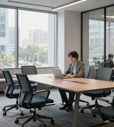 A professional setting in a North American high-tech hub. The composition shows a meeting area with modern ergonomic furniture in cool gray and slate blue. Bright, natural light filters through large windows, creating an empowering and clear atmosphere for innovation.