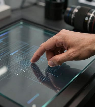 Close-up of a professional's hand interacting with a high-tech glass display showing digital patterns, slate gray and deep black tones, professional North American / Global setting.