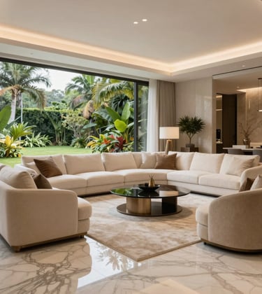 A luxury living room interior with high-end designer furniture, large marble floors, and floor-to-ceiling windows showing a lush South American / Brazilian garden. Colors: soft off-white and warm sandstone beige.