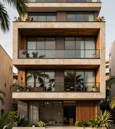 Modern architectural facade with clean glass and wood details, surrounded by tropical greenery in a South American / Brazilian high-end neighborhood. Colors: muted taupe brown and warm sandstone beige.